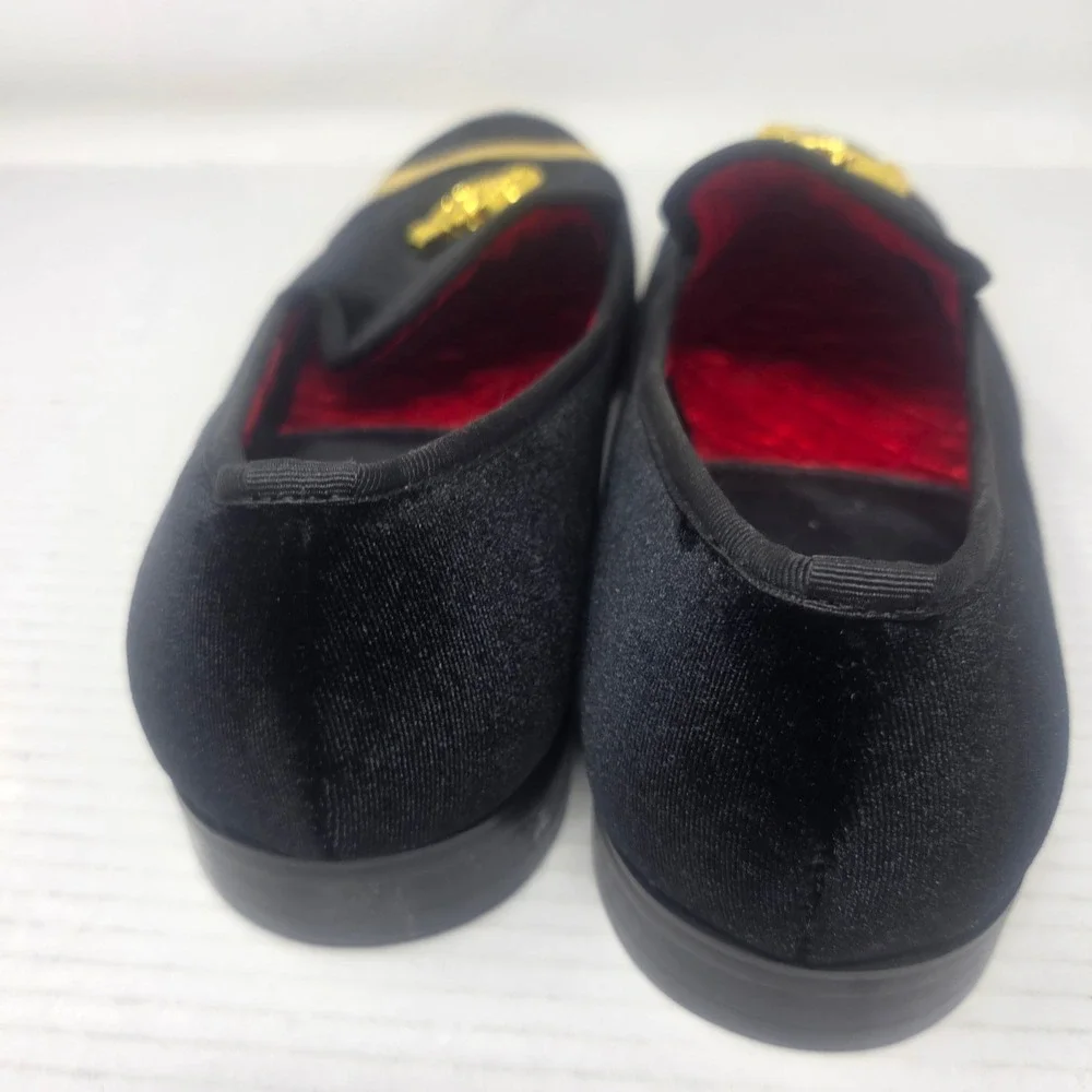Elanroman Velvet Loafers Men 13 Black Gold Crest Red Bottom Dress Shoes 470